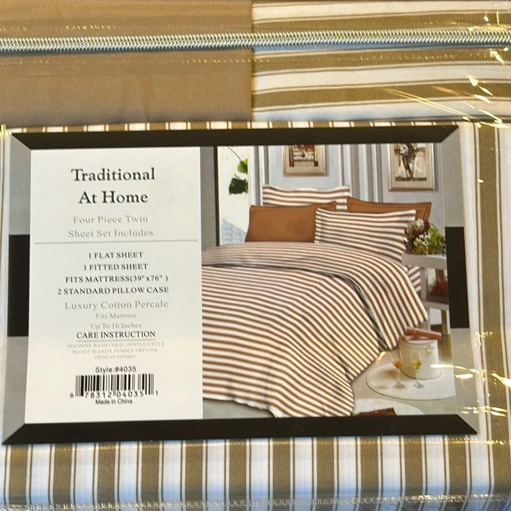 Traditional At Home 4 pc Twin Sheet Set Taupe and white stripes.